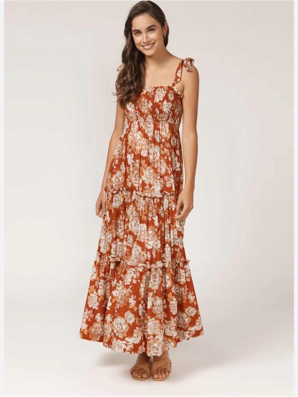 0201 House of Harlow 1960 Rust Floral Tie-Shoulder Maxi Dress